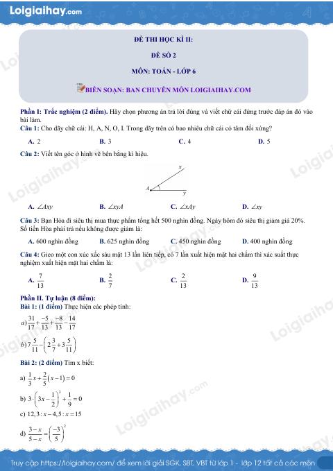 Đề thi học kì 2 Toán 6 - Đề số 2 - Chân trời sáng tạo